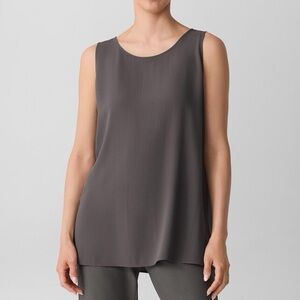 NWT Eileen Fisher Silk Georgette Crepe Ballet Neck Long Tunic Tank in Rye